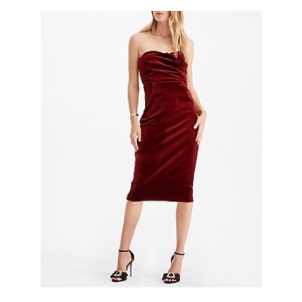 Express Velvet Strapless Sweetheart Midi Dress - Ruby